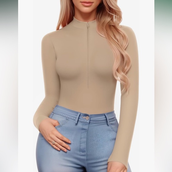 MANGOPOP Long Sleeve Body Suit Mock Turtle Neck Zip Up Ribbed Deep V Cut Medium - Picture 2 of 4